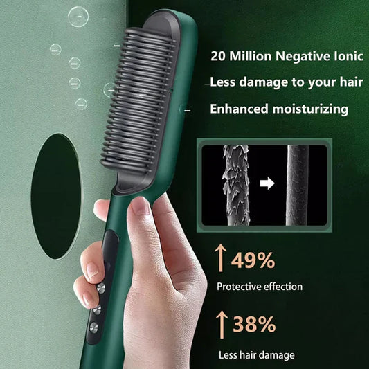 Green Hair Straightener Brush Straightening Iron with Built in Comb 20s Fast Heating & 17 Temp Setting Anti-Scald Tool